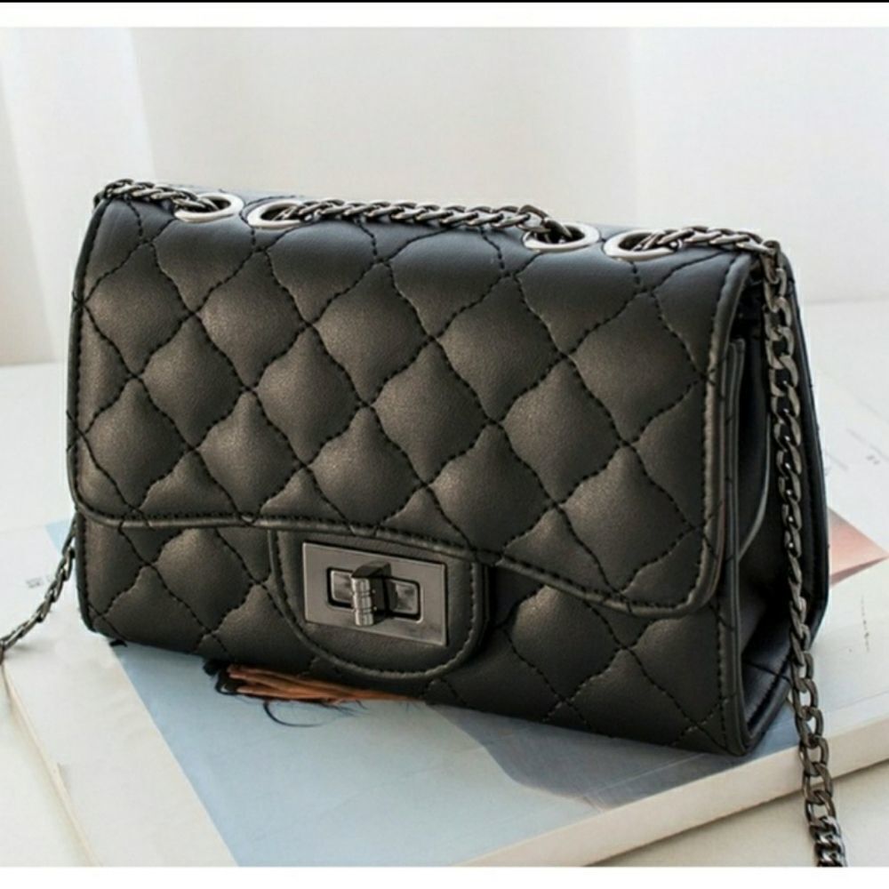 Quilted Black Vegan Leather Ladies Shoulder Bag deminsions 8"x5"x3"